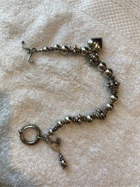 Silver Beaded Heart Charm Bracelet with Toggle Clasp